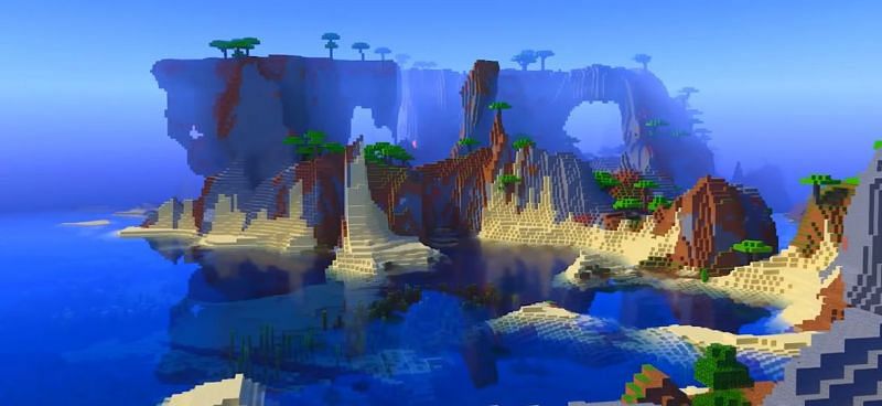 A geological wonder found in the midst of a beach in Minecraft (Image via Minecraft &amp; Chill/YouTube)