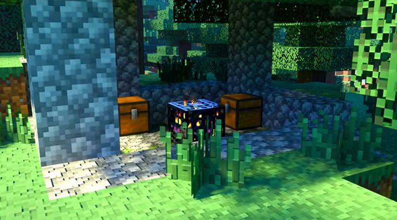 A completely exposed mob spawner on the surface of the Overworld in Minecraft (Image via Minecraft &amp; Chill/YouTube)