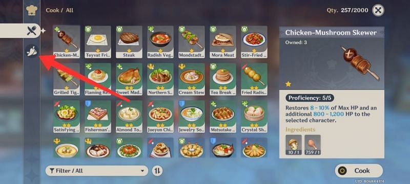 &quot;Process ingredients&quot; option in the Cooking menu in Gesnhin Impact