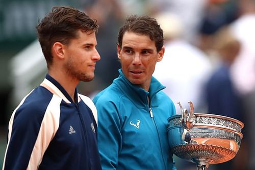 Dominic Thiem (L) and Rafael Nadal at Roland Garros 2018