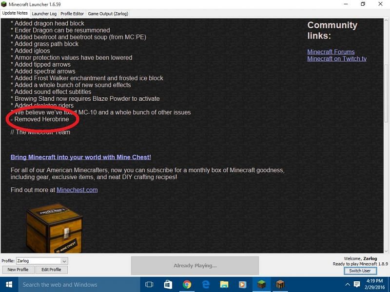 Shown: A past patch note showing that Herobrine has been removed from the game (Image via u/Yay2991 on Reddit)