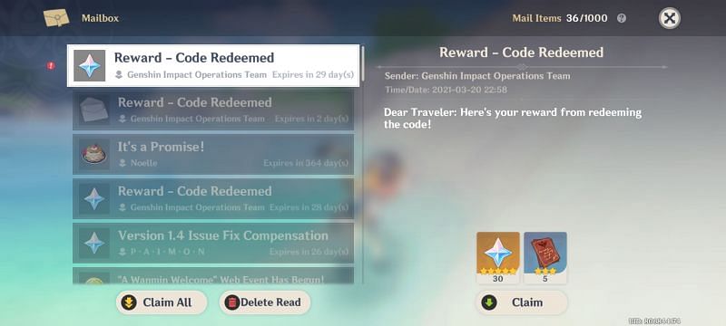The rewards are received in the mail after successful redemption of the new Redeem codes in March 2021