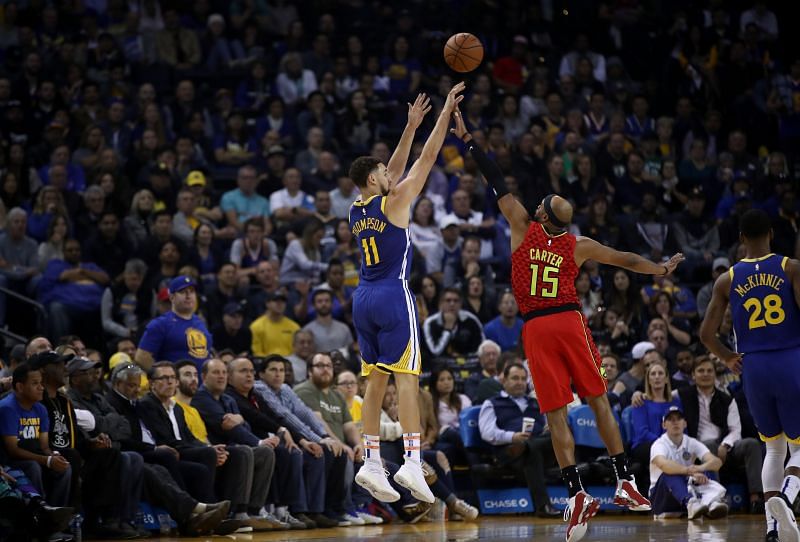 Klay Thompson #11 of the Golden State Warriors shoots.