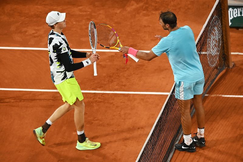 Jannik Sinner greets Rafael Nadal after their last eight encounter in Paris