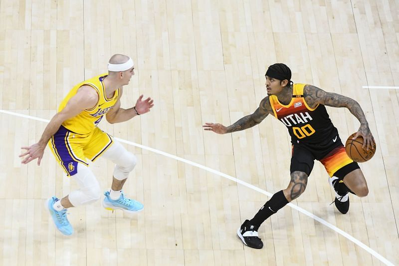  Jordan Clarkson #00 of the Utah Jazz steps back for a jumper. Alex Goodlett/Getty Images. 