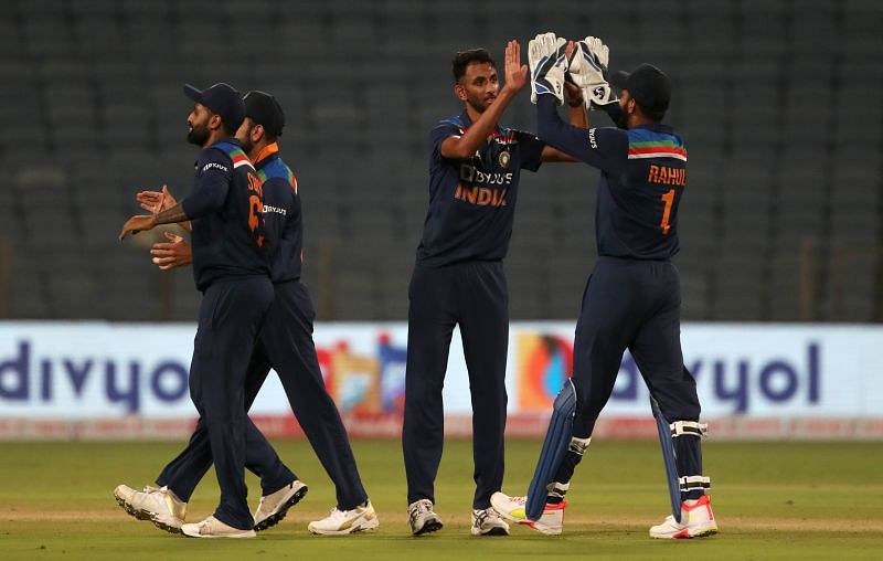 Prasidh Krishna celebrates a wicket