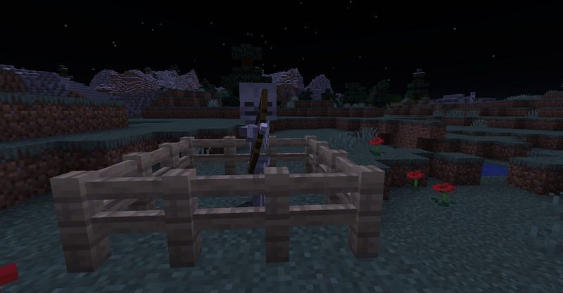 Skeleton trapped inside of a fence in Minecraft. (Image via Minecraft)