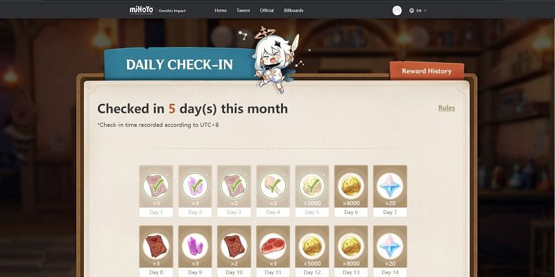 Daily check-in rewards for each day of the month