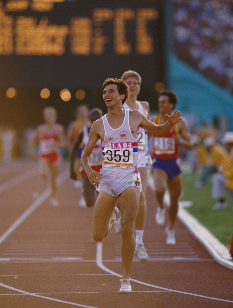 Sebastian Coe celebrates after winning 1500 metres gold at the 1984 Los Angeles Games.