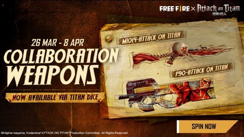 Attack on Titan M1014 and P90 skins have been added to Free Fire (Image via Free Fire)