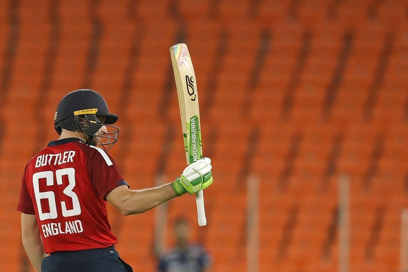 Jos Buttler celebrates his fifty. (PC: ICC on Twitter)