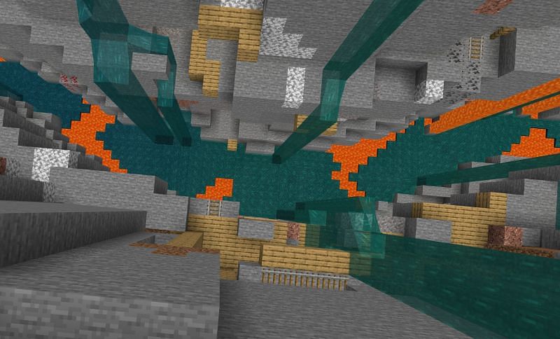 Mineshaft in a ravine (Image via Minecraft)