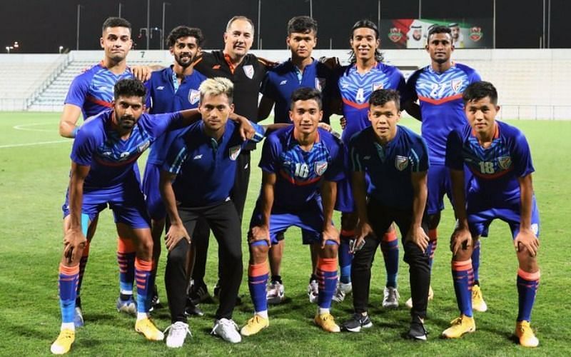 India&#039;s coach Igor Stimac poses with 10 debutants after the match against Oman (Image Courtesy: AIFF Media)