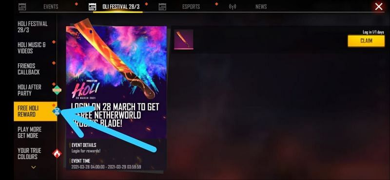 Select the Holi Free Reward event and then claim the skin for free