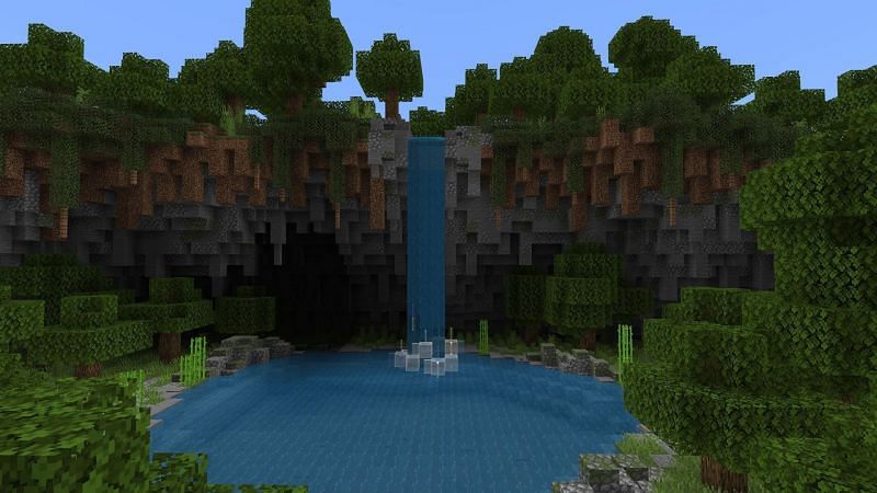 Minecraft terraformed cave and cliff (Image via u/TheRedEngine on Reddit)