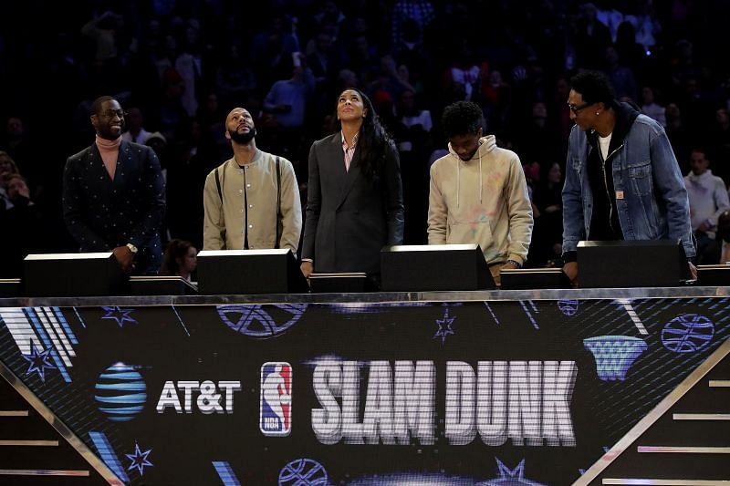 The panel of Dwyane Wade, Common, Candace Parker, Chadwick Boseman and Scottie Pippen looks on in the 2020 NBA All-Star - AT&amp;T Slam Dunk Contest (Photo by Jonathan Daniel/Getty Images)
