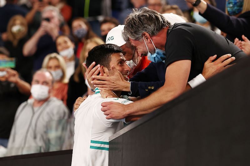 Novak Djokovic celebrates with coach Goran Ivani&scaron;ević after winning the 2021 Australian Open