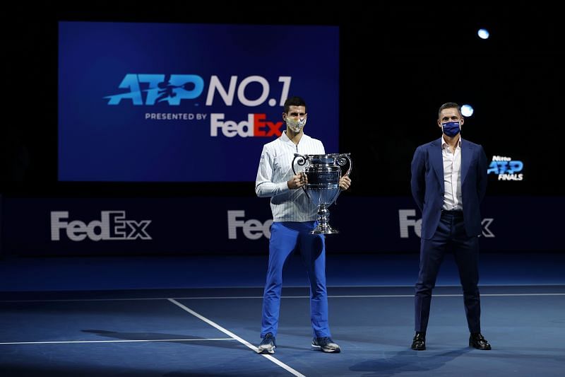 Novak Djokovic with his 6th Year-End Number 1 Trophy at the Nitto ATP Finals in 2020