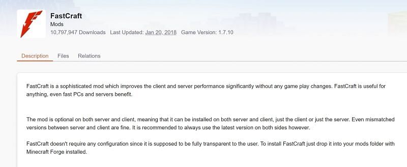 Minecraft&#039;s FastCraft mod (Image via CurseForge)