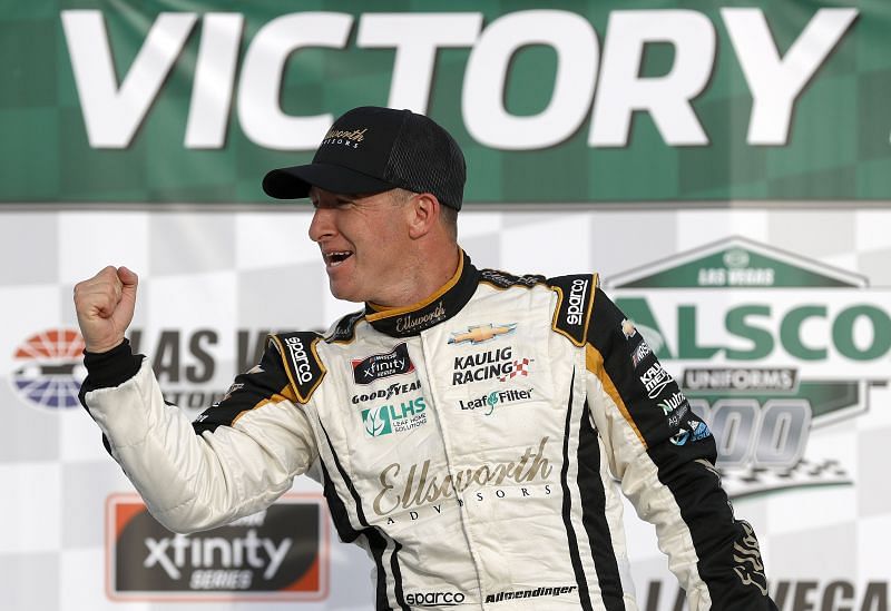 AJ Allmendinger celebrates his NASCAR Xfinity Series Alsco Uniforms 300 win at Las Vegas. Photo by Chris Graythen/Getty Images