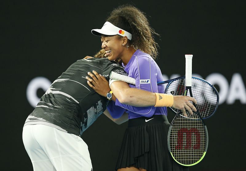 Stefanos Tsitsipas hugs Naomi Osaka during the Rally for Relief event in January2020