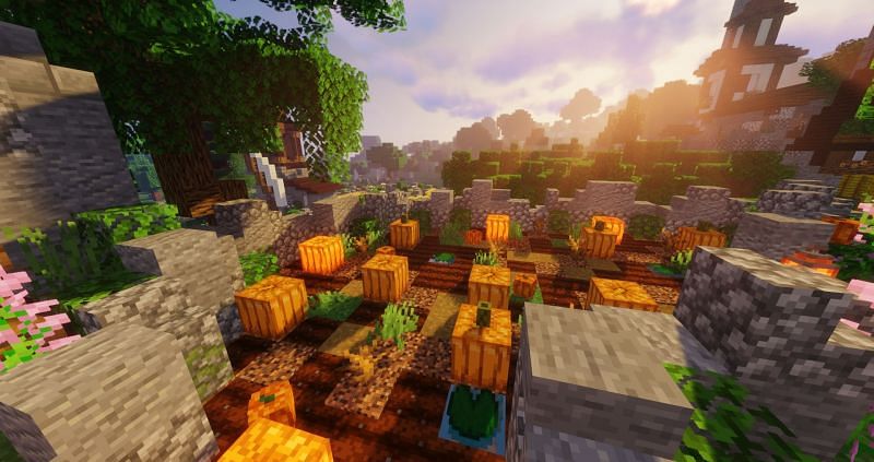 Pumpkins and melons can be placed and stood upon (Image via Minecraft)