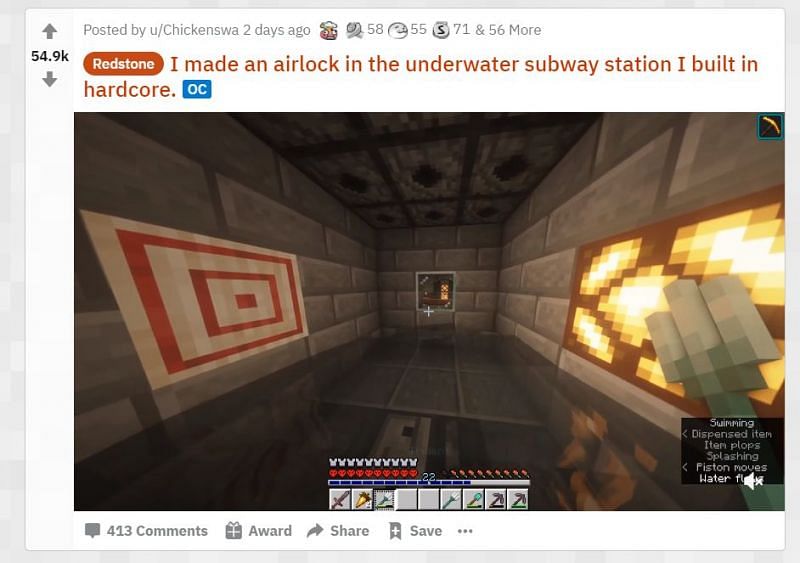 An airlock for an underwater subway station in hardcore Minecraft (Image via u/Chickenswa/reddit.com)