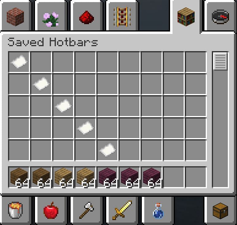A look at the &quot;Saved Hotbars&quot; tab in Creative mode (Image via Minecraft)