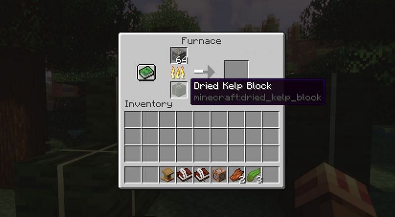 Shown: Dried Kelp blocks being used for smelting Iron Ore in a furnace (Image via Minecraft)