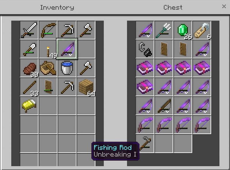 Shown: All of the loot found with one Unbreaking I rod, including multiple enchanted Rods! (Image via u/Majikin__ on Reddit)