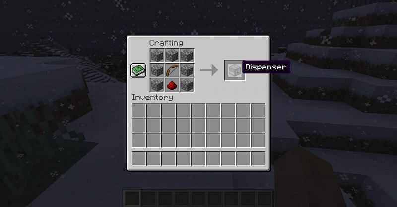 The crafting recipe for a dispenser in Minecraft. (Image via Minecraft)
