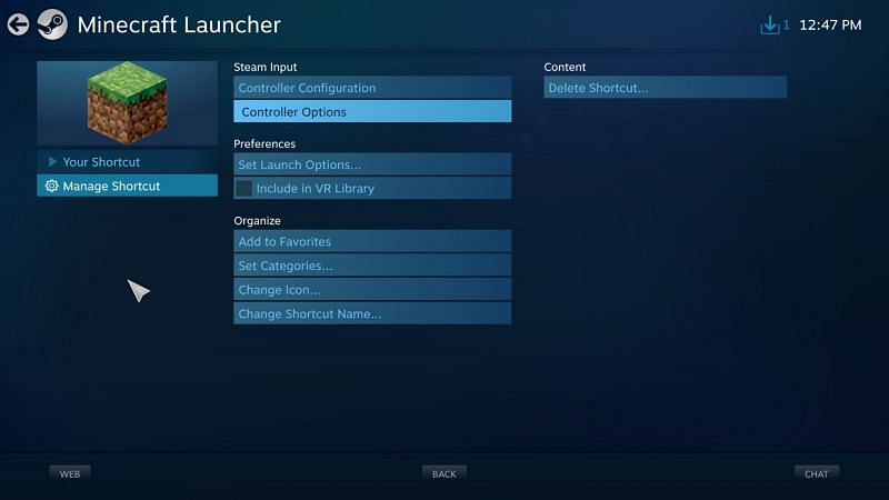 Manage Shortcut (Image via Steam)