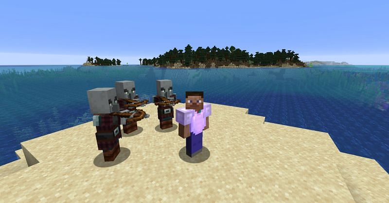 Steve surrounded by pillager mobs in Minecraft. (Image via Minecraft)
