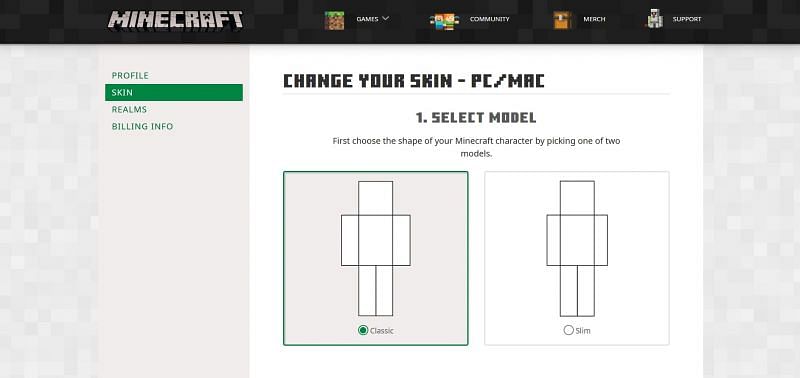 Shown: Official Minecraft skin changing Web page (Image via Mojang)