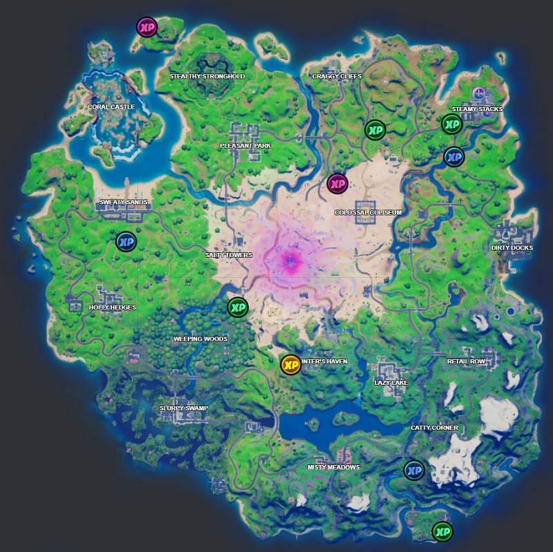 All XP coin location in Fortnite Chapter 2 Season 5 - Week 15 (Image via Fortnite.GG interactive map)