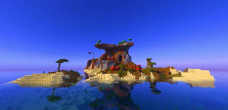 A picturesque savanna biome island with a village in Minecraft (Image via Minecraft &amp; Chill / YouTube)