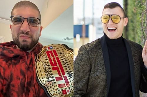 Ariel Helwani is being called out by The Schmo for the ESPN Broadcast Championship belt. (Photo: Ariel Helwani on Instagram [L] and theschmo312.com [R]).