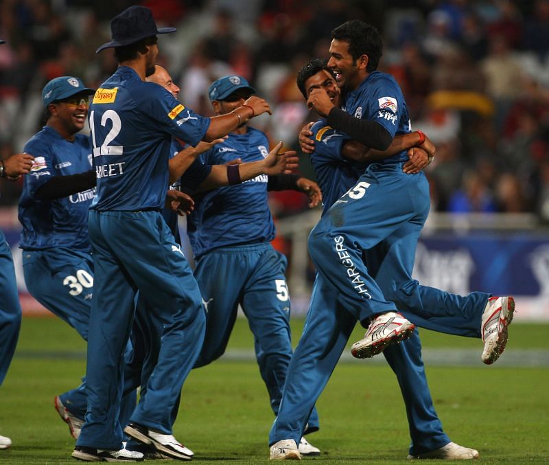 Deccan Chargers players celebrate during the IPL