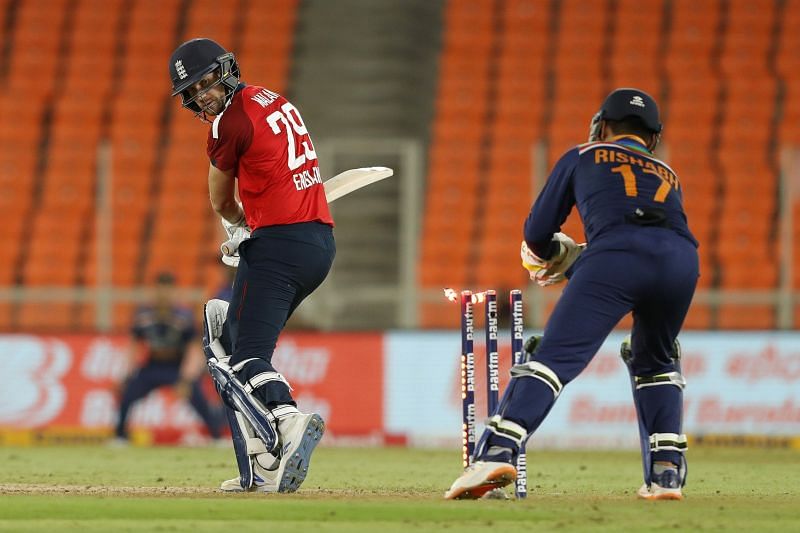 Dawid Malan is stumped off Washington Sunder&#039;s bowling in the 3rd T20I (Image source ICC)