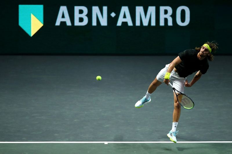 Stefanos Tsitsipas serves at the 2021 Rotterdam Open