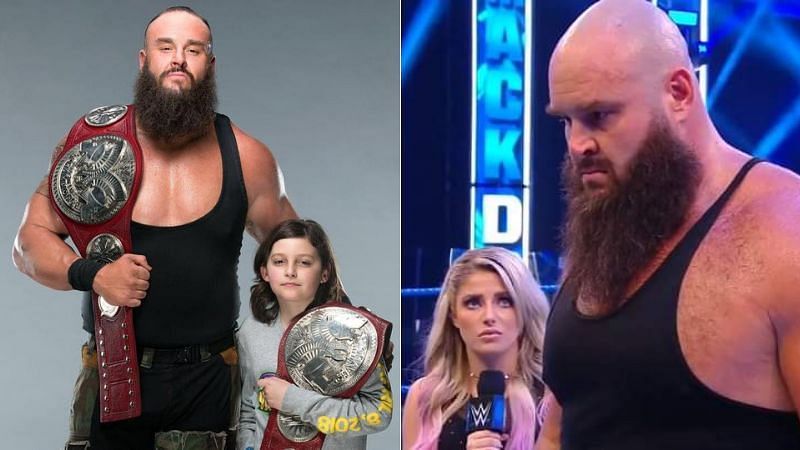 Braun Strowman and Nicholas (left); Braun Strowman and Alexa Bliss (right)