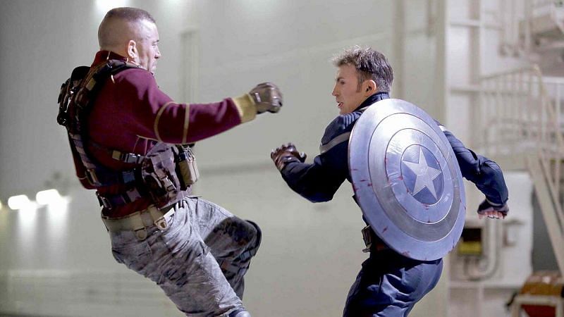 A still from Captain America: The Winter Soldier ft. GSP and Chris Evans