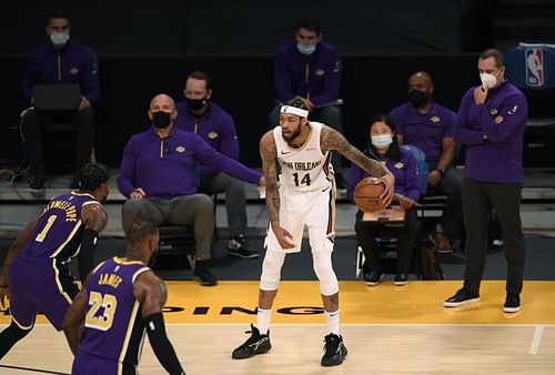 Brandon Ingram #14 dribbles in front of the Los Angeles Lakers bench. Photo: Harry How/Getty Images)