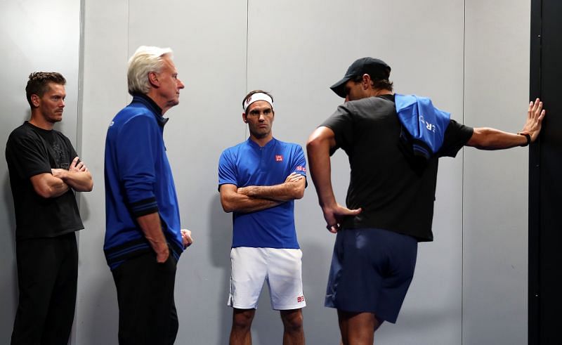 Bjorn Borg with Roger Federer and Rafael Nadal at the 2019 Laver Cup