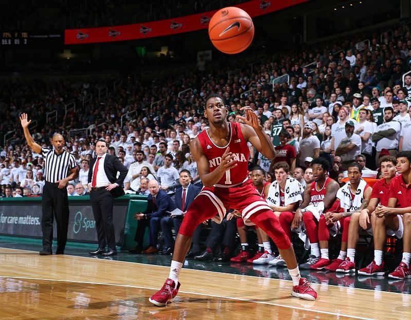 Aljami Durham #1 of the Indiana Hoosiers during a game against the Michigan State Spartans