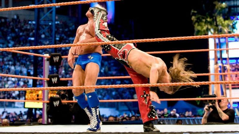 Ric Flair getting hit with Sweet Chin Music at WrestleMania 24
