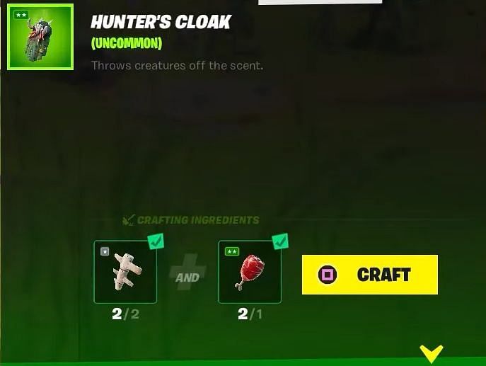 The Hunter&#039;s cloak crafting page in Fortnite Season 6 (Image via Epic Games)
