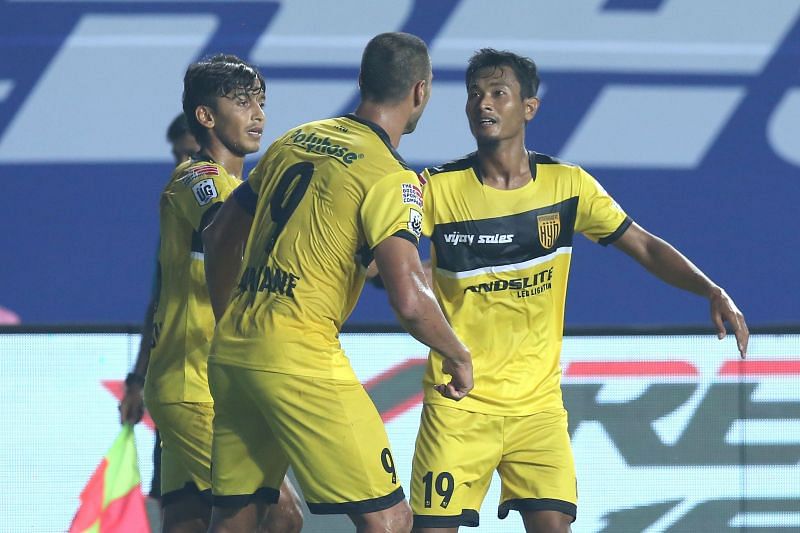 Halicharan Narzary (right) celebrates after scoring for Hyderabad FC in an ISL match (Image Courtesy: ISL Media)