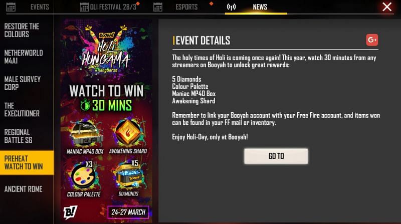 Preheat Watch to Win event is currently underway in Garena Free Fire