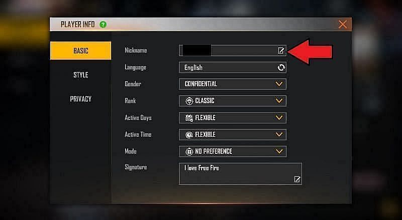 Click on the icon to change the name in Free Fire